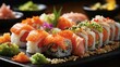 A vibrant array of sushi rolls artfully presented with fresh garnishes and diverse flavors, perfect for any sushi lover