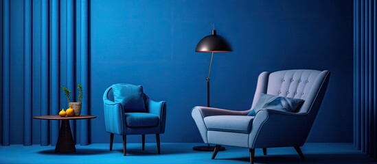 Wall Mural - A blue chair and a table with a vase placed on top of it