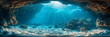 Underwater View of a Cave with Light Shining Through ,
Underwater world scene coral reef and sun ray shining through clean ocean water created with technology

