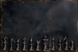 Jeu de réflexion pièces d'un jeu d'échec, roi, renne, cavalier, fou, tour et pion en ébène sculpté, disposé en ligne sur une bordure, sur un fond noir texturé avec espace négatif copy space