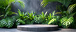 Podium Mockup. Empty circular podium with a dark, textured surface, placed in a room with grey walls and a dark tiled floor, surrounded by lush green tropical plants and leaves casting gentle shadows