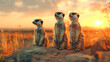 Meerkat Family Watching Sunset in the Desert.