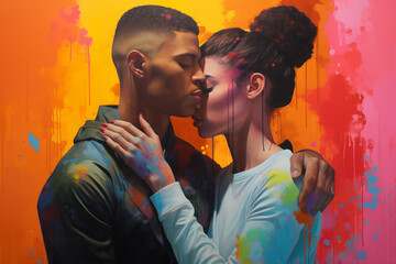 a portrait of two people hugging in front of a colorful background