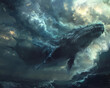Whale and human in underwater confrontation, storm clouds above, gripping and dark