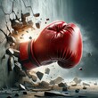 © chayantorn - Envision a close-up view of a red boxing glove's fist forcefully punching through a wall, illustrating a moment of intense power and breakthrough