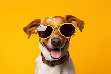 Wall Mural - funny smile dog with sunglasses and copy space - generative ai