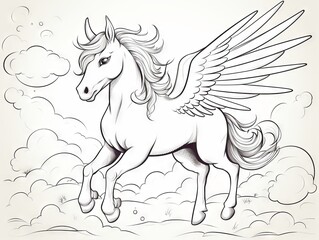 Wall Mural - Charming unicorn in flight - monochrome illustration for coloring book page, ideal for creative children’s activities and fantasy themes