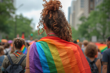 Person draped in a rainbow flag attending a pride parade, surrounded by a crowd in an urban setting