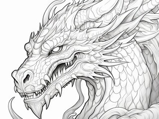 Monochrome dragon illustration for coloring - fantasy creature line art on white background