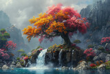 Beautiful tree with waterfall view. Created with Ai
