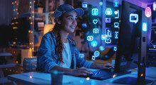 A Young Woman In Casual And A Baseball Cap Is Sitting At His Desk, Working On The Computer With Floating Digital Icons Of Social Media Platforms Like Instagram Or TikTok