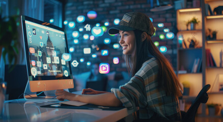 Wall Mural - A young woman in casual and a baseball cap is sitting at his desk, working on the computer with floating digital icons of social media platforms like Instagram or TikTok