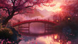 Bridge Over Pond in Japanese Garden in Blossom at Sunset