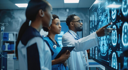 Poster - Diverse medical team discussing patient data on a digital screen in a clinic, showcasing AI technology for an ultrarealistic and cinematic look