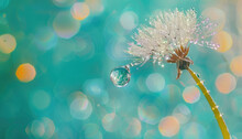Macro Photography Of A Dewdrop On A Dandelion Seed, Against A Vibrant Teal Background, With Bokeh Effects, Captured With A Macro Lens