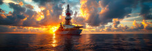 Drill Ship In The Gulf Of Mexico,
Sunset Over The Sea
