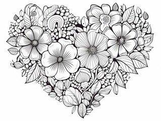 Wall Mural - Romantic floral doodles: intricate heart-shaped pattern with botanical elements – ideal for adult coloring engagement
