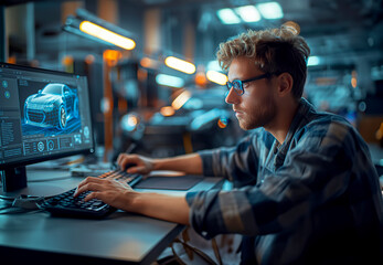 Poster - A young man in glasses works on the computer, creating a car model using graphic design. In the background, there's an entire atmosphere that reflects modern technology, innovation, and creativity