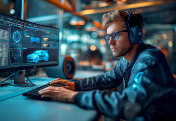Poster - A male programmer wearing black glasses and headphones is working on an AI car design with a computer, and the background glows with neon light. A modern, eco-friendly vehicle model stands. 