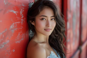 A lovely and refined Chinese woman posing against a crimson wall in the urban setting, donning a light blue gown and flashing a smile towards the camera.