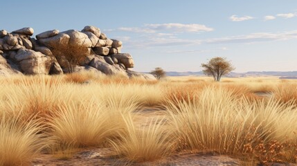 isolated savanna dry grass meadow shrubs with rocks background 3d render