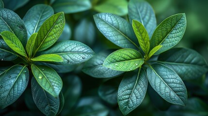  Two green leaves with droplets of water