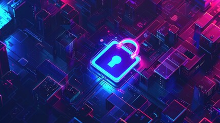 Poster - A city skyline with a lock symbol on top, perfect for security or urban themes