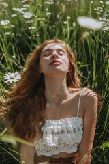 Poster - A woman peacefully laying in a field of colorful flowers. Ideal for nature or relaxation concepts