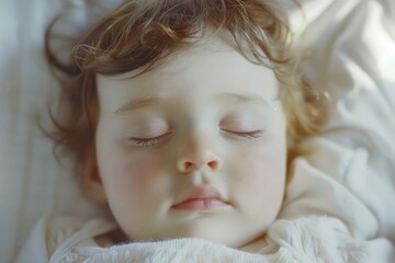 Aufkleber - A peaceful image of a small child sleeping in a cozy bed, suitable for family and parenting concepts