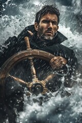 Poster - A man braving a storm on a boat. Suitable for weather-related concepts