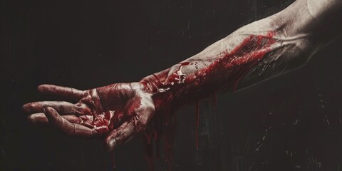 Fototapeta a gruesome image of a bloody hand with blood dripping from it. perfect for horror or crime scene concepts