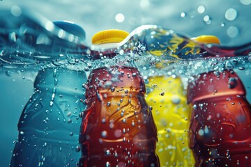 Poster - Close up of a soda bottle submerged in water. Suitable for beverage or environmental concepts