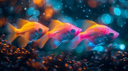  Two fish swim close to each other, surrounded by greenery and water ripples