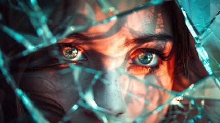 Poster - A woman looking through a broken glass window. Suitable for concepts of curiosity, mystery, and exploration