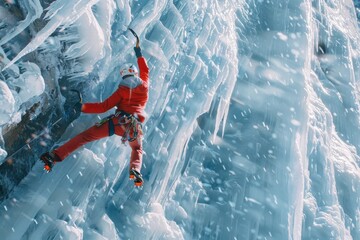 Wall Mural - A man in a red jacket climbing on ice. Suitable for outdoor sports and adventure concepts