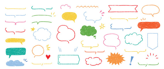 Poster - Cute crayon frame speech bubble set. Crayon chalk background speech bubble frame. Hand drawn chalk pencil dialog balloon, children color doodle text cloud. Vector illustration