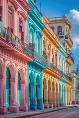 Poster - A vibrant row of colorful buildings on a bustling city street. Perfect for urban and travel concepts