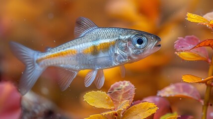  A clear photo of a fish swimming in a calm pond, surrounded by vividly colored flowers