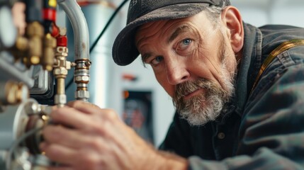 Poster - A man in a cap working on a machine. Suitable for industrial and manufacturing concepts