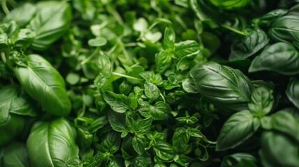 Wall Mural - A close-up of fresh herbs like cilantro and Thai basil, essential ingredients for adding aroma and flavor