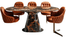 A Marble Dining Table With Six Leather Chairs Isolated On Transparent Background, Png File