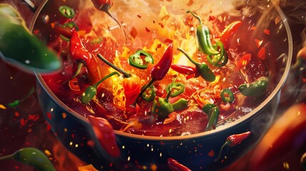 Wall Mural - A bubbling pot filled with colorful chili peppers and other ingredients simmering in a spicy broth