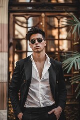 Poster - A man in a suit and sunglasses standing in front of a building. Suitable for business and corporate concepts