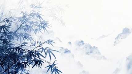 Poster - A serene image of a bamboo tree with fluffy clouds in the background. Suitable for nature and relaxation concepts