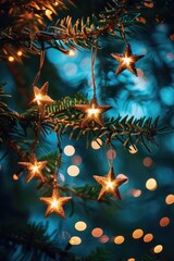 Poster - Close up view of a Christmas tree with glowing lights in the background. Ideal for holiday season concepts