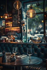 Poster - Table with wine glasses in a restaurant, suitable for food and beverage concepts