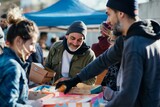 Fototapeta  - Volunteers distributing food and supplies to homeless individuals at a charity event, spreading kindness and support, Generative AI