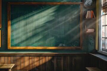 Poster - A classroom setting with a chalkboard and a window. Ideal for educational concepts