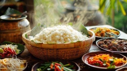 Wall Mural - A steaming basket of fragrant jasmine rice served alongside a colorful selection of Thai curries