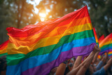 Fototapeta  - Pride month celebration parade with rainbow flags 